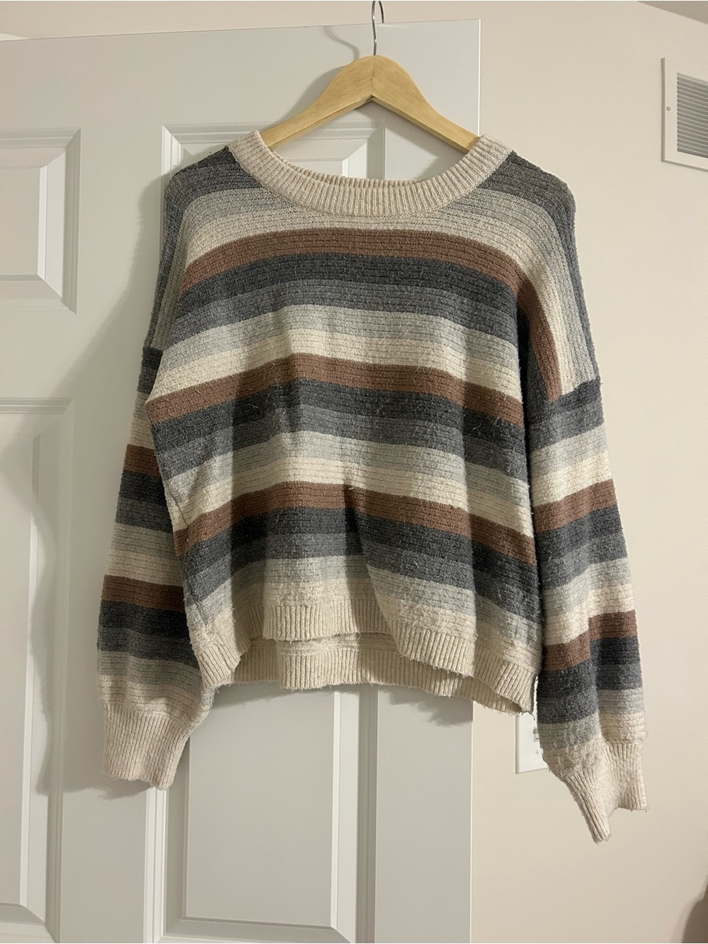 Pink Rose Striped Crewneck Sweater in Cream, Gray & Brown